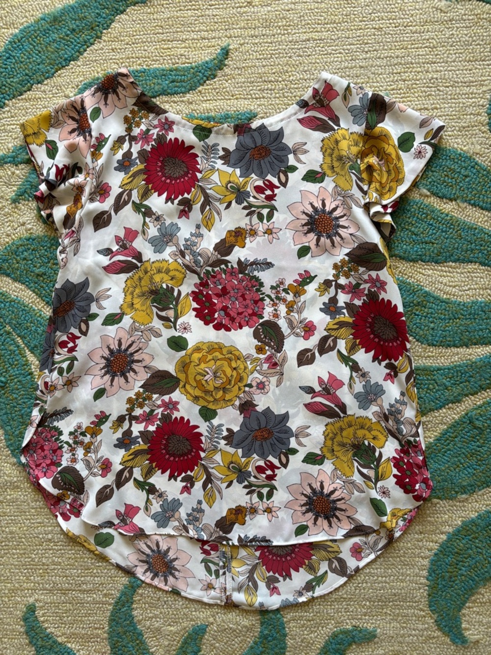 LOFT Floral Short Sleeve Top in White, gray, Yellow & Pink